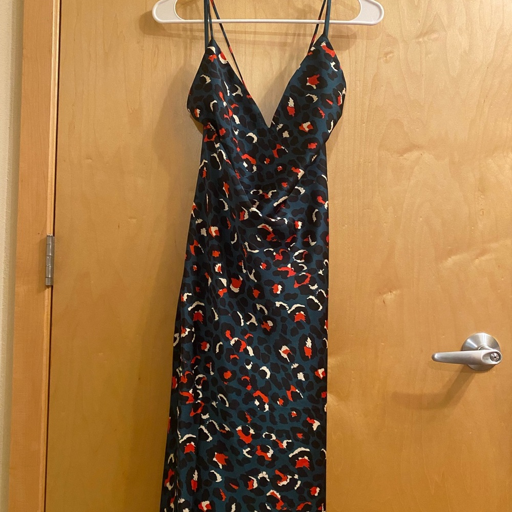 Superdown Green/Red Slip Dress Spaghetti Strap V-Neck
